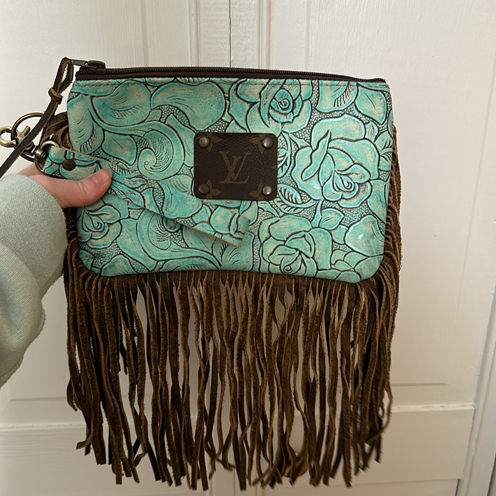Upcycled Louis Vuitton turquoise leather clutch